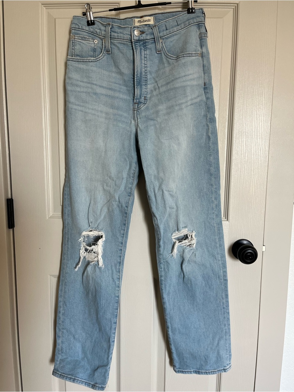 Madewell Light Blue Ripped Knee Straight Jeans